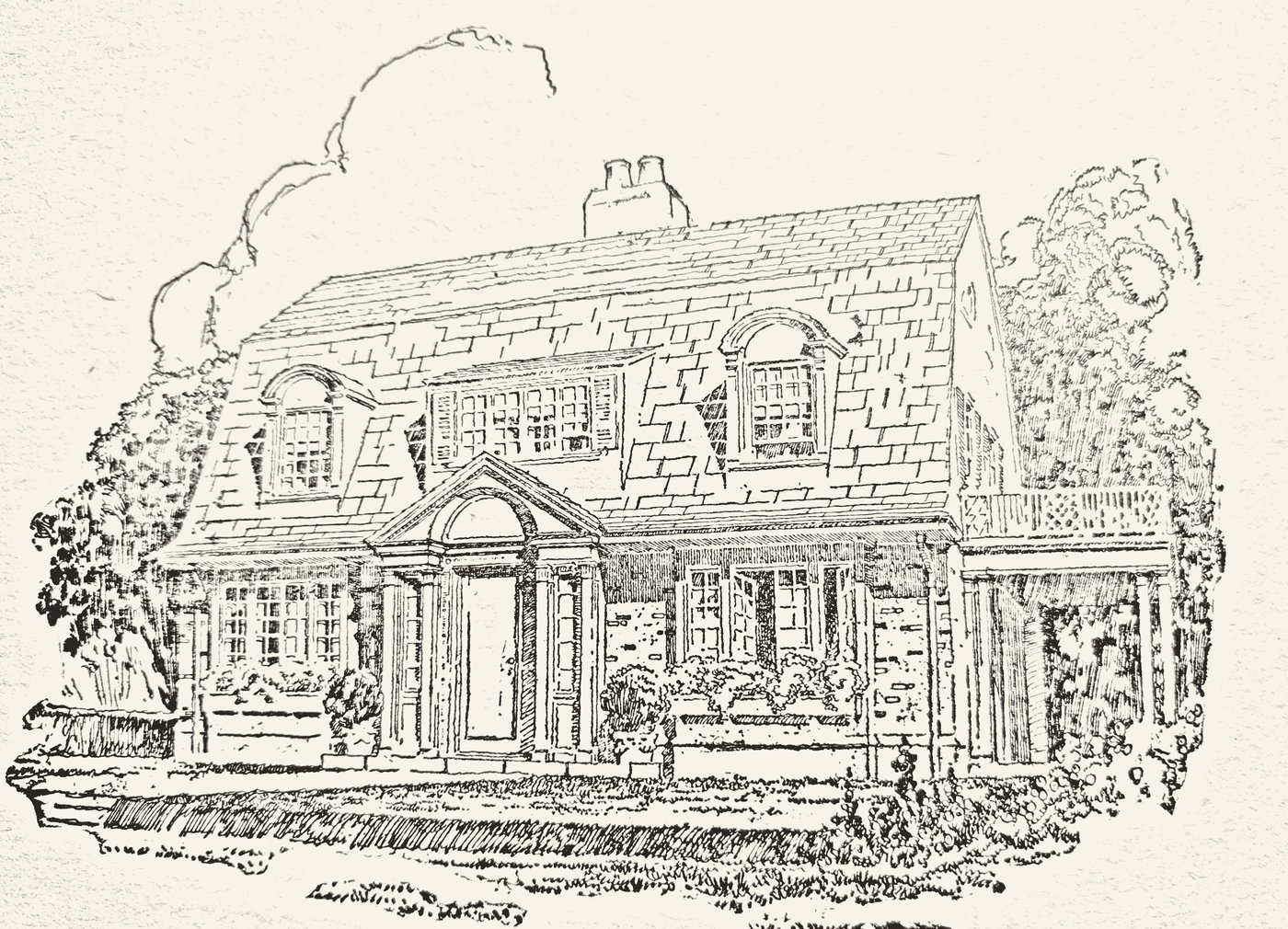 1919 pen-and-ink illustration of a New England Dutch Colonial home by H.R. Shurtleff, from Design for American Homes