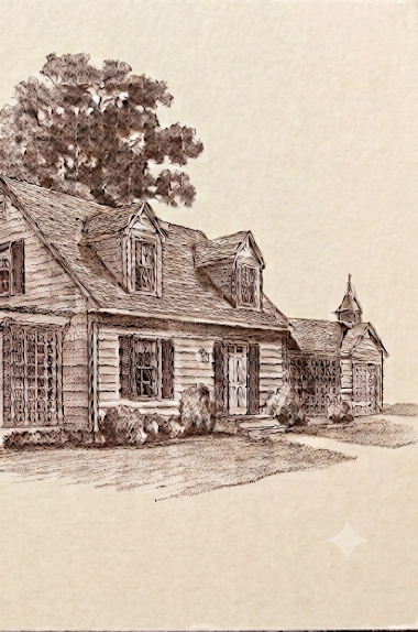 Pen-and-ink illustration of a New England cape-style house